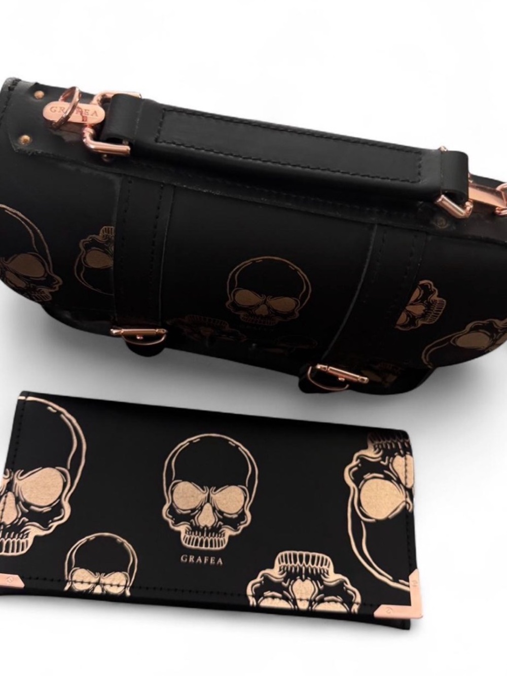 Grafea Black Skull Print Leather Crossbody Bag with Rose Gold Hardware - Picture 5 of 5